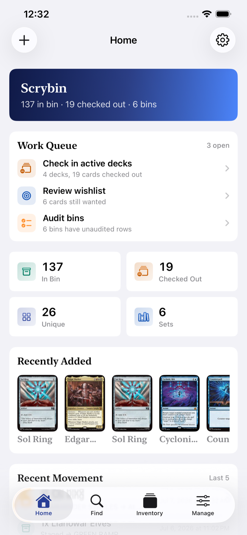 Scrybin home screen showing collection totals, a work queue, and recently added cards