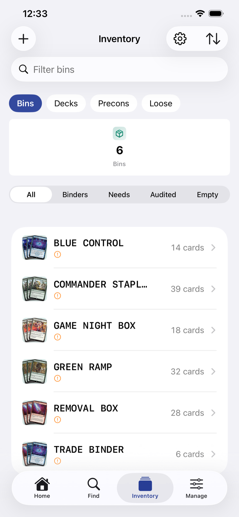 Scrybin inventory screen listing bins named Blue Control, Commander Staples, Game Night Box, Green Ramp, Removal Box, and Trade Binder, each with its card count