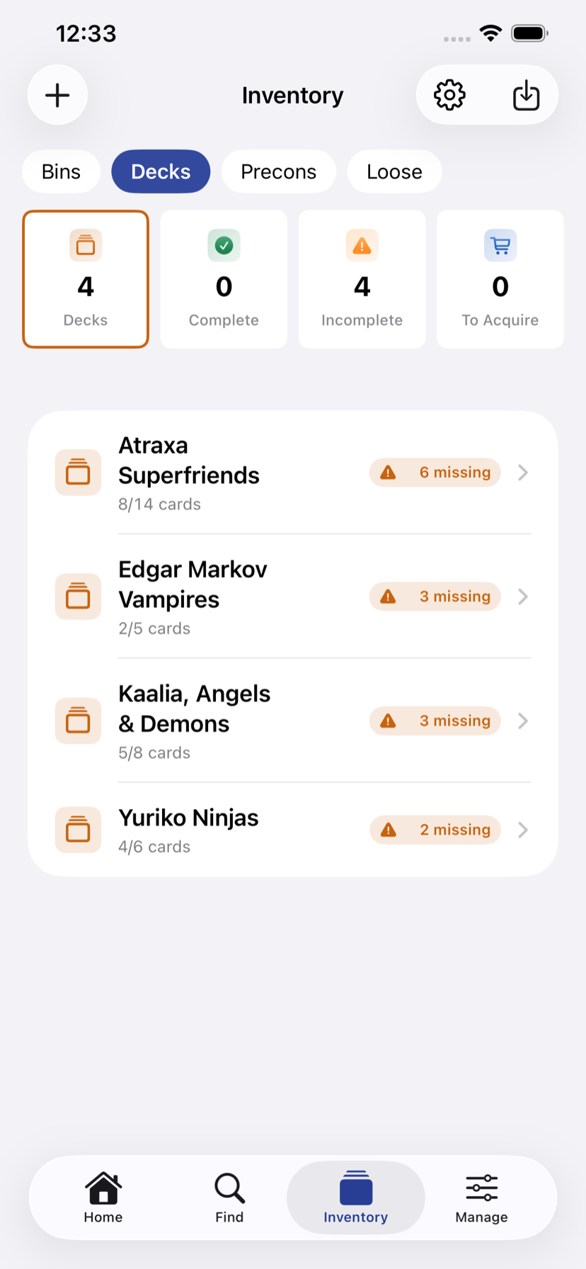 Deck list with card counts and completion